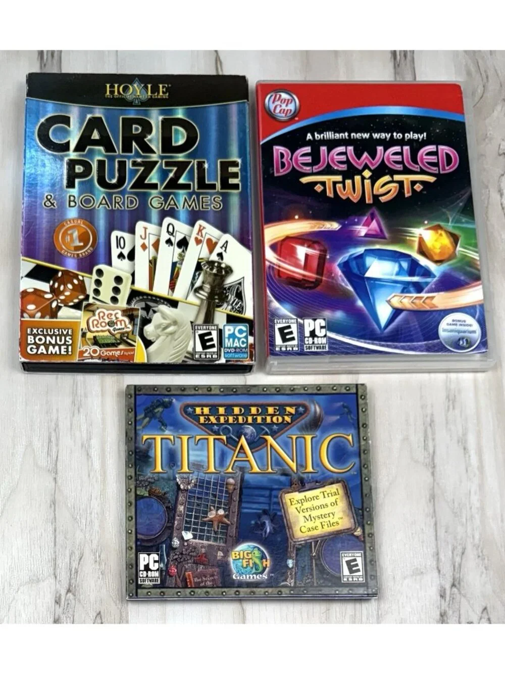 Lot 7 Windows PC GAMES CD-Rom Hidden Mysteries JewelQuest Bejeweled Titanic Card